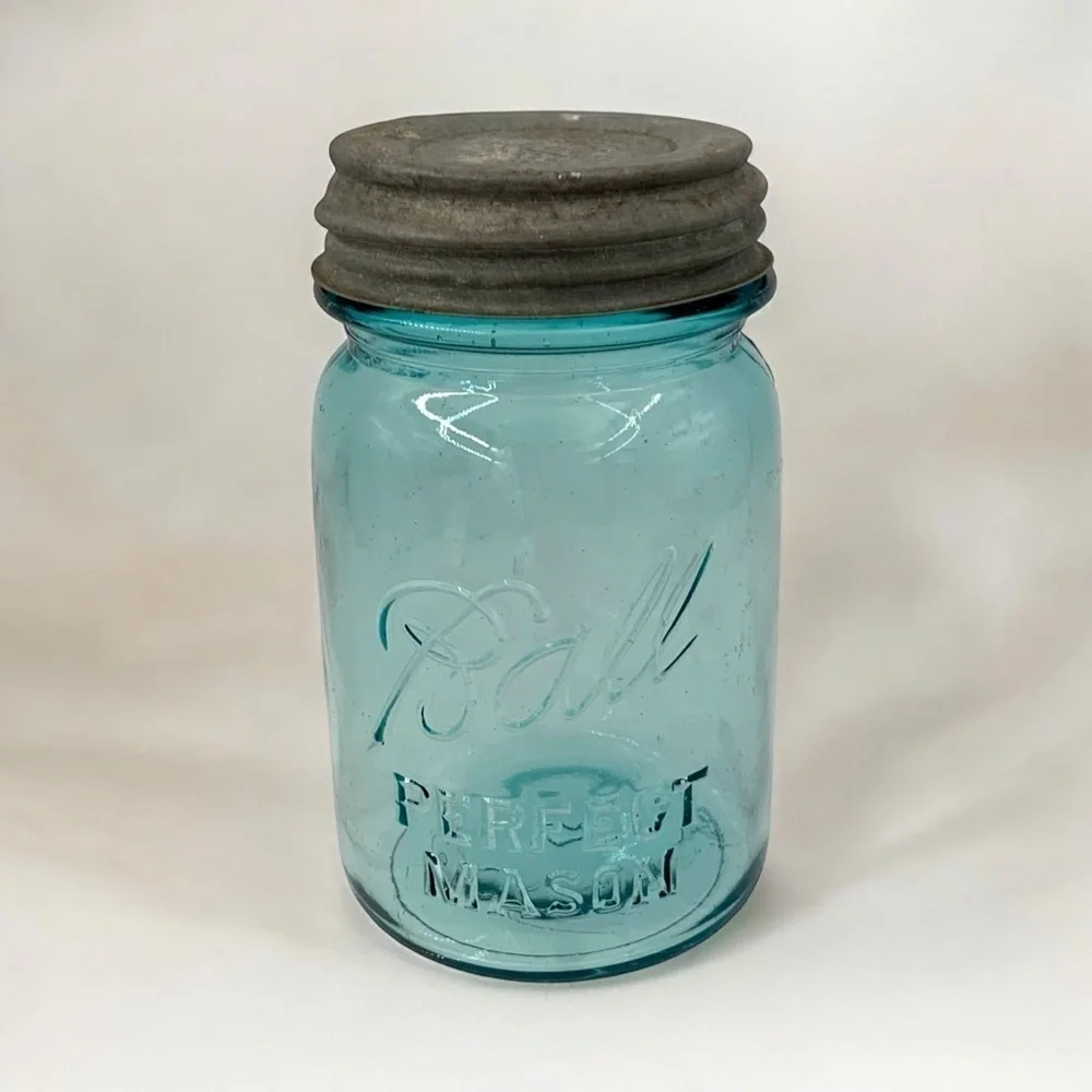 Ball Perfect Mason Glass Jar 1923-33 Pint Size #5 Aqua Blue With Zinc Metal Lid